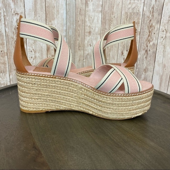 Tory Burch Frieda Espadrille Wedge‎ Sandal Blush Stripe/Tan Size 10 Women - Picture 11 of 15